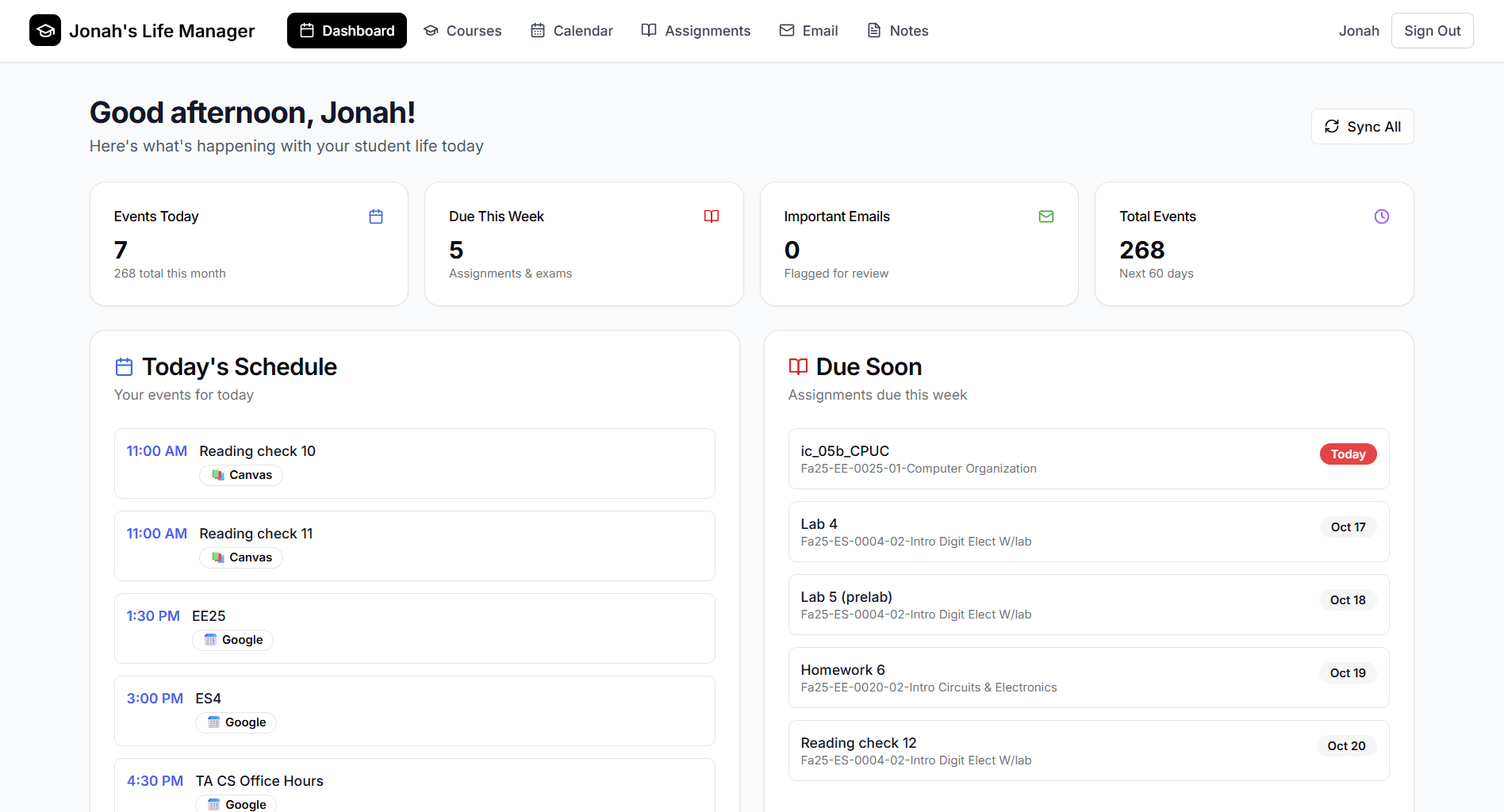 Student Life Manager Dashboard